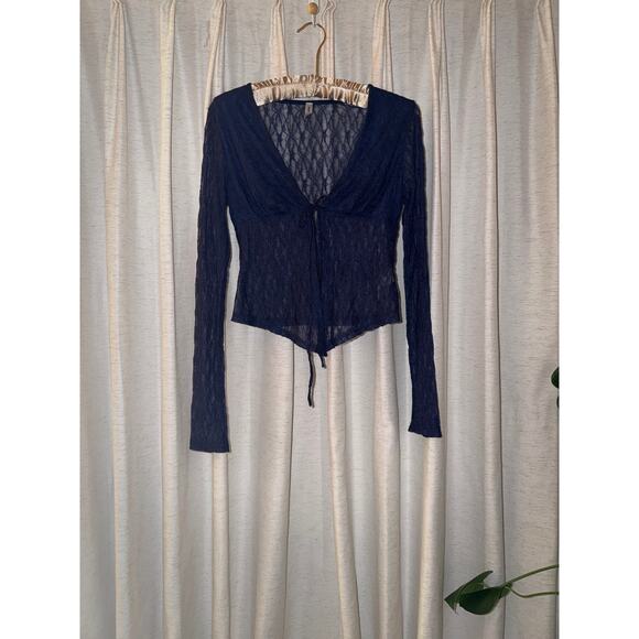 y2k Grunge Sheer Lace Tie Top Blue Violet Navy Long Sleeve Mesh 90s 00s Goth M L - Picture 3 of 10